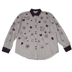 VTG Teddi Women's M Cats Button Up Shirt Heart Embroidery Granny Cottage Retro